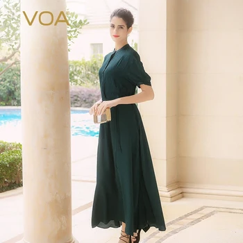 

VOA Plus Size Loose Silk Jacquard Women Drawstring Belt Dress Dark Green Bat Sleeve Casual Swing Long Dress Summer A5728