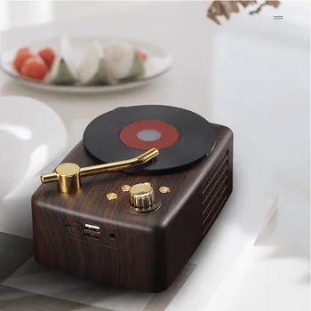 

New record player shape wood grain retro audio portable wireless Bluetooth speaker high quality nostalgic mini bluetooth speaker