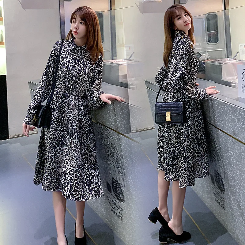 

Photo Shoot 2019 Spring Clothing New Style Korean-style Loose-Fit Mid-length Fold-down Collar Casual Leopord Pattern Dress Women