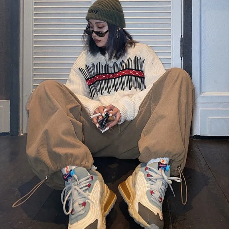 

QWEEK Japanese Streetwear Brown Corduroy Pants Women Harajuku Pants For Women High Waist Wide Leg Pants Oversized Trousers