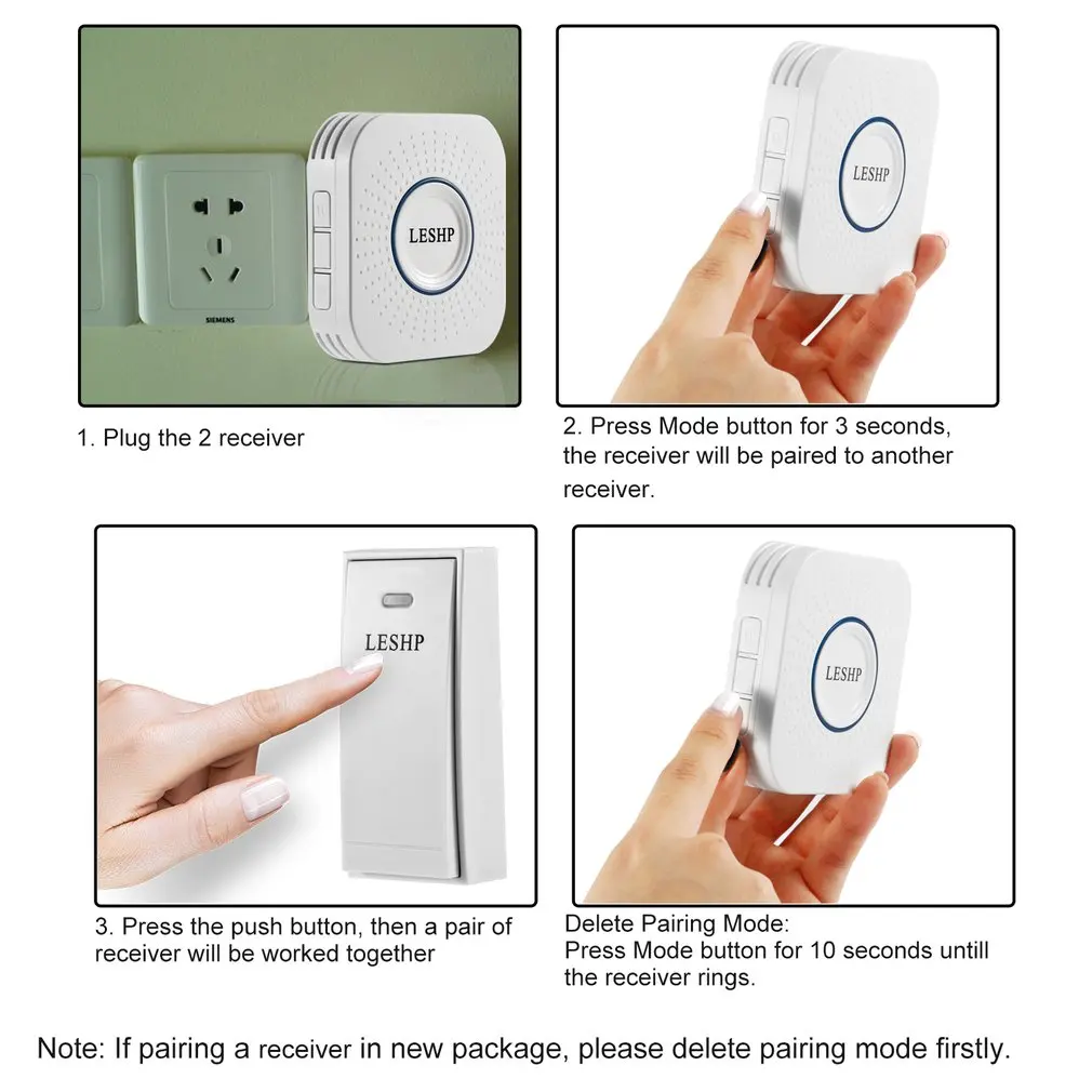 Hot/LESHP Easy to Install Music Wireless Doorbell 150M Long-distance Remote Control Night Light 58 pieces of Chord Music