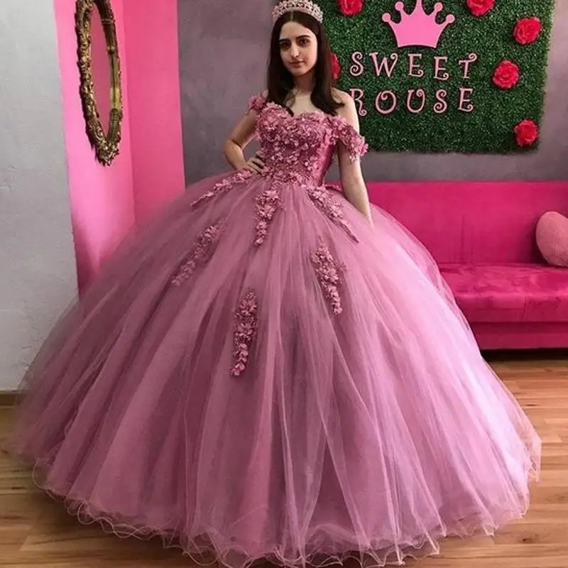 Vestidos de princesa para quinceañera, vestido de baile de tul rosa,  apliques florales, Sexy, sin hombros, corsé de fiesta largo, 15 años -  AliExpress Bodas y eventos