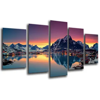 

Landscape Lake Moskenes Sunset, Norway, photo print on wood, modern picture decorative 26154
