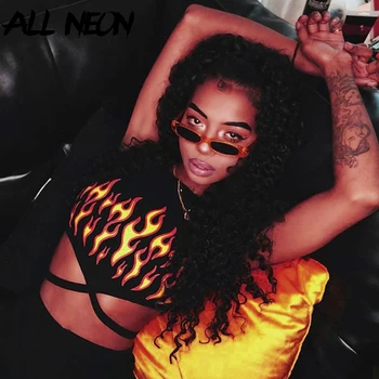 

ALLNeon Punk Fire Graphic Cropped Halter Tops Backless Hollow Out Waist Bandage Straped Tank Tops Vintage E-girl 90s Summer Cami
