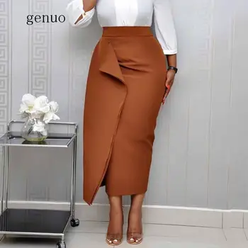 

Brown Bodycon Skirts Elegant Office Lady Asymmetric Plain Skirt Summer High Waist Falbala Midi Skirt African Style