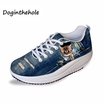 

Doginthehole Blue Denim Print Woman Casual Height Increasing Shoes Ladies 3D Pet Cat Dog Breathable Lace-up Platform Swing Shoe