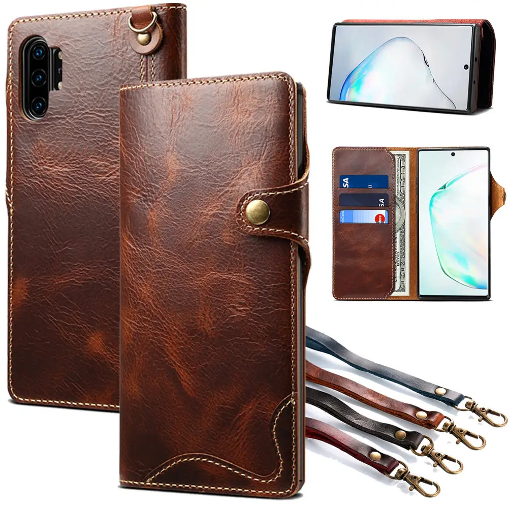 Wallet Case For Samsung Galaxy S21 Ultra 5G Note 20 S20 Plus S8 S9 S10E S10 S 10 8 9 Genuine Leather Flip Cover Wrist strap Case