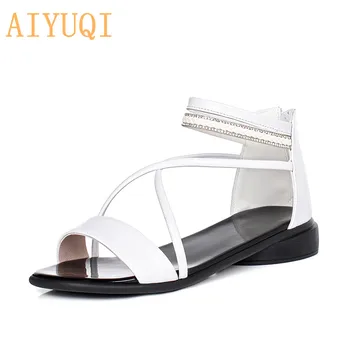 

AIYUQI Women Sandals Genuine Leather 2020 New Women Summer Shoes Rhinestones Flat Fashion Sandals For Women