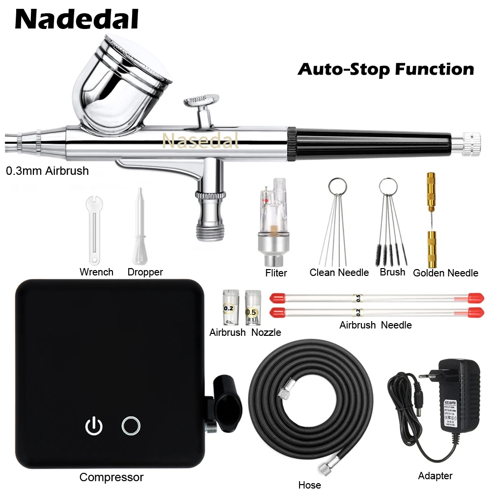 Nasedal-compresor de aerógrafo de doble acción, función de parada automática, conjunto PISTOLA DE PULVERIZACIÓN, interruptor táctil de potencia ajustable, 0,2mm/0,3mm/0,5mm