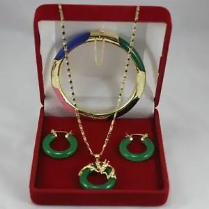 FREE SHIPPING&gt&gt@&gt Free shipping Wonderful Multicolor Jade Circle Dragon Pendants Necklace Earring Bracelet set Natural jewel |