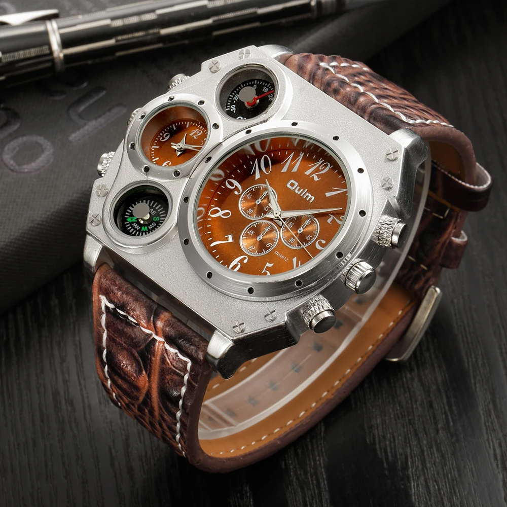 Oulm 1349 Unique Designer Male Sports Watch Two Time Zone Quartz Clock Big Dial Casual Leather Strap Wristwatch Men's Watches gold belt for men studded cowboy belt western luxury designer leather strap jeans women rhinestone cowgirl belt ceinture diamant