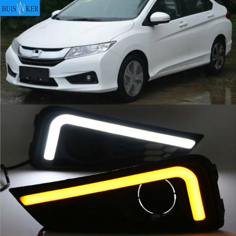 

Светодиодный дневной ходовой светильник s для Honda City 2015 2016 противотуманная фара крышка drl с желтым поворотным сигналом светильник для стайлинга автомобиля