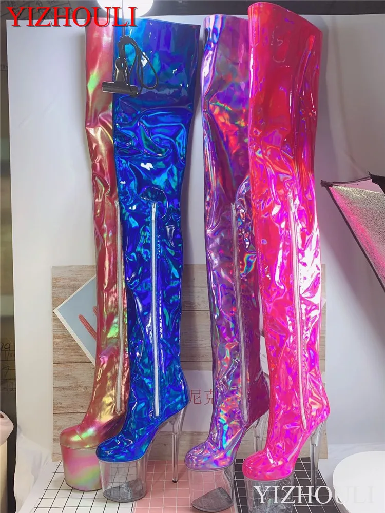 

Pole dancing boots, color changing material over knee boots, custom 15-17-20 cm thin with model stage high heels, dancing shoes