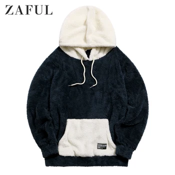 

ZAFUL Men Hoodies Color Blocking Kangaroo Pocket Fluffy Hoodie Plush Letter Casual Fall Winter Hoodie Wool Color Spliced Hoodie