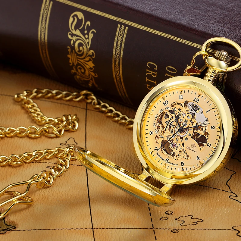 ORKINA Pocket Watches Retro Design Openwork Series Skeleton Mechanican Hand Wind Vintage Pocket Watches Fob With Chain Necklace