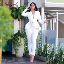 Женский блейзер, комплект из двух предметов, Повседневный, длинный рукав, v-образный вырез, оборки, блейзеры, куртка, пальто, узкие брюки, зимний офисный женский деловой костюм