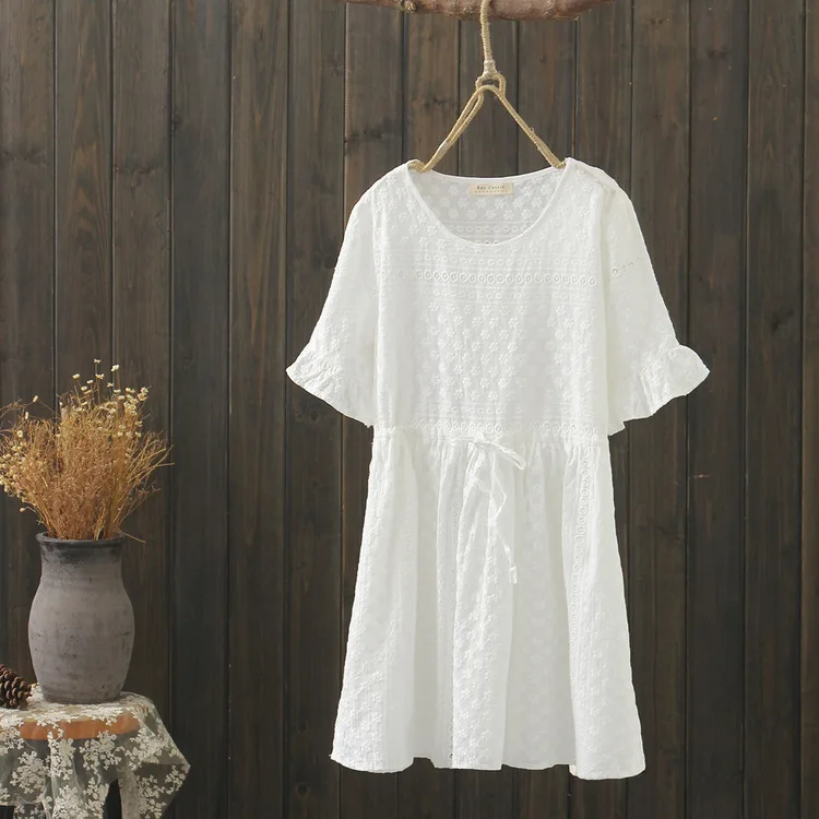 

Hollow out Embroidery A- line Skirt Women's Korean-style Loose-Fit Slimming Summer New Style Trumpet Short-sleeve Dress S27098