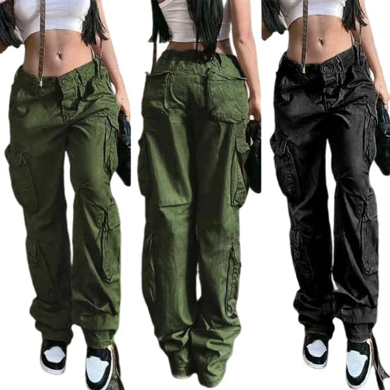 

Women Pants Female Cargo Straight-Leg Trousers Multiple Pockets High-Waisted Loose-fitting Wide-Leg Retro Pants