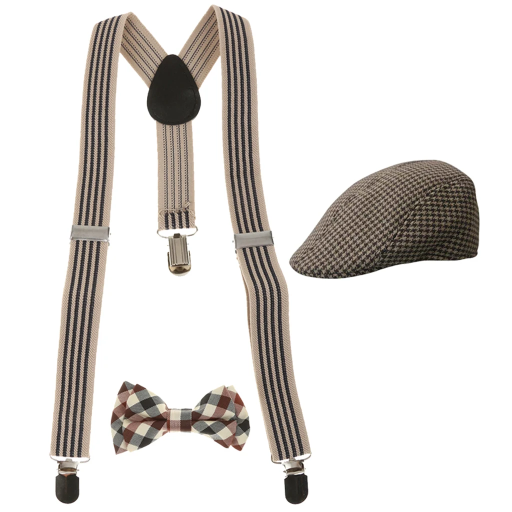 Fashion Kids Boys Stretchble Y-back Suspender Bowtie and Beret Cap Flat Hat Set