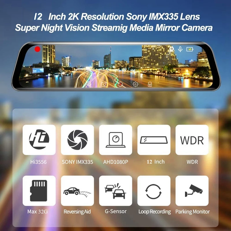  IPS 12 Inch Dash Cam Rear View Mirror Dashcam with FHD 2K+1080P Dual Lens Contact Screen Mirror Das