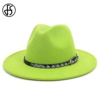 

FS Lime Green White Wool Felt Fedora Wide Brim Hats For Women Men Gentleman Wedding Church Hat Black Red Pink Trilby Jazz Cap