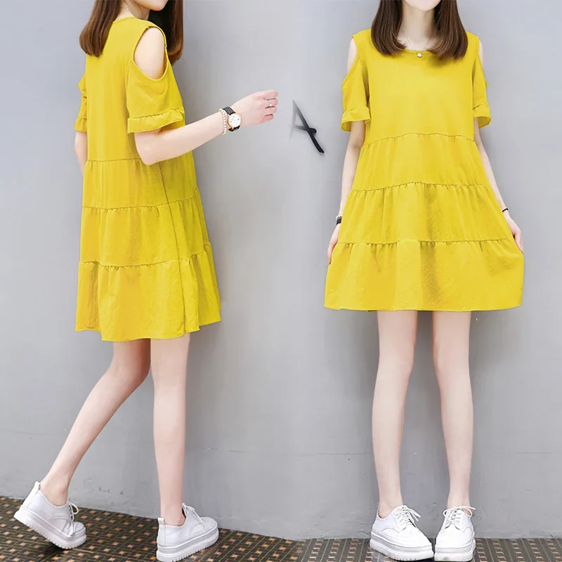 

555522222018 Summer WOMEN'S Dress Korean-style Loose And Plus-sized Slimming off-Shoulder Mid-length A- line Dress Women's Slip-