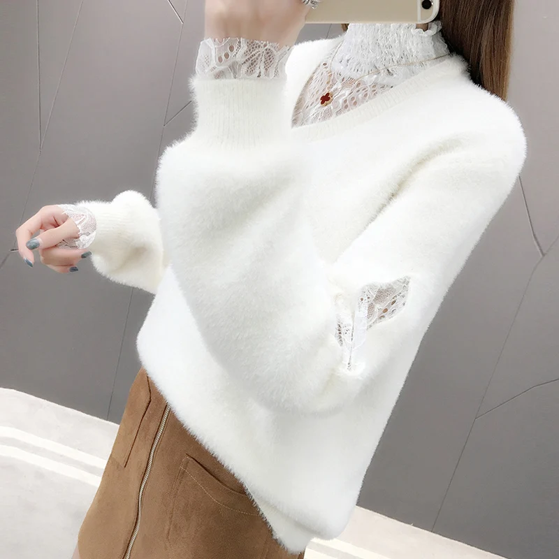 autumn new Casual Knitted Tops Women Solid color V-Neck Lace Sweater Fashion Loose Lantern Sleeve Pullovers women