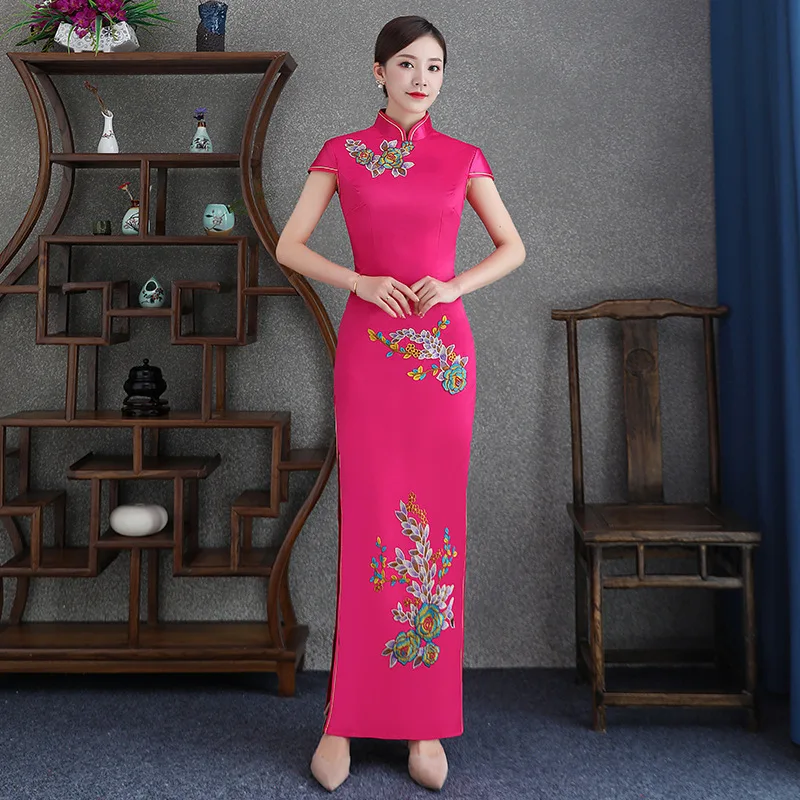 Вышивка негабаритных 4XL элегантные атласные ручной работы кнопки Сельма традиционное китайское Ципао женское платье винтажные женские