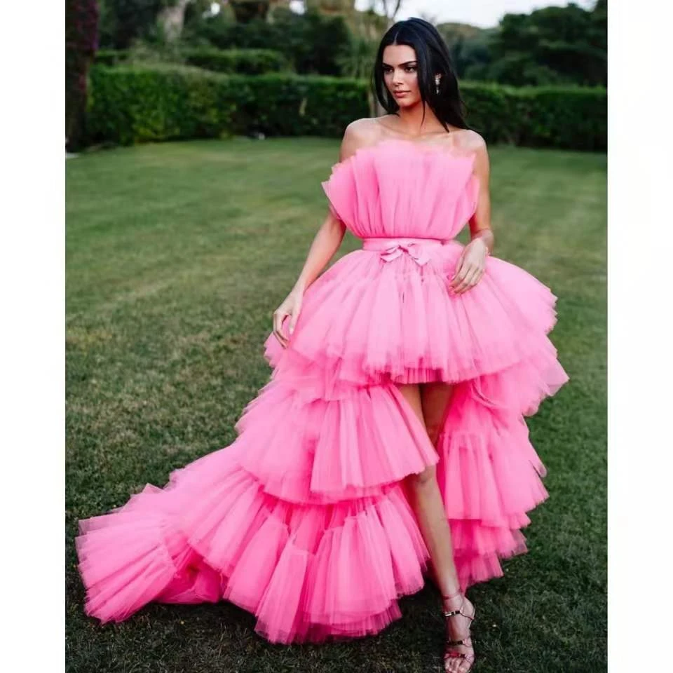 

High Low Sweet Pink Tulle Prom Dress Vestido De Festa Ruffle Tiered Party Dress Evening Gowns Real Picture Abiye Gece Elbisesi