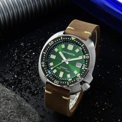 full lume green 1 San Martin, новинка 6105, часы для дайвинга, 200 м, водостойкие, Акула, кожаный ремешок, водостойкие, для мужчин, автоматические наручные часы для мужчин - Цвет: full lume green 1