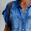 Women's Summer Fashion Solid Turn Down Neck Blue Jeans Denim Shirt Dress Short Sleeve Pockets Single-breasted Women's Jean Dress 4