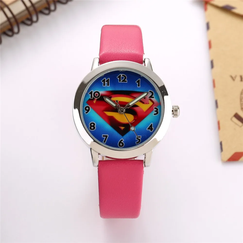Детские часы с Суперменом, классический дизайн, детские часы с рисунком для мальчиков и девочек, с кожаным ремешком, кварцевые детские часы Erkek Kol Saati - Цвет: Rose Red