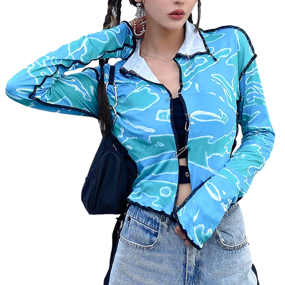 

Women\u2019s Casual Long-sleeved Cardigan Personality Camouflage Stand Collar Pin Buckle Exposed Navel T-shirt