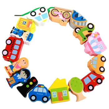 

String Toy Beading Wooden City Car Vehicle Learning Play Set,for Kids Age 1-2,16 Pieces
