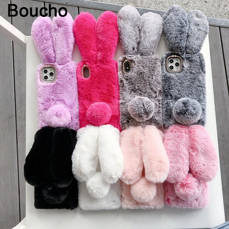 Boucho Cute Rabbit Hairy Warm Fur Case Per Iphone 14 12 13 Pro Max Xs 11 Pro Se 6 6S 7 8 Plus X Xr 5 5S Fashion Lady Case Cover