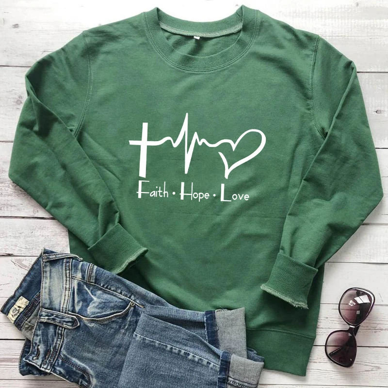 

Новое поступление, свитшот с надписью Faith Hope Love и рисунком сердцебиения, женские свитшоты с рисунком в христианском стиле