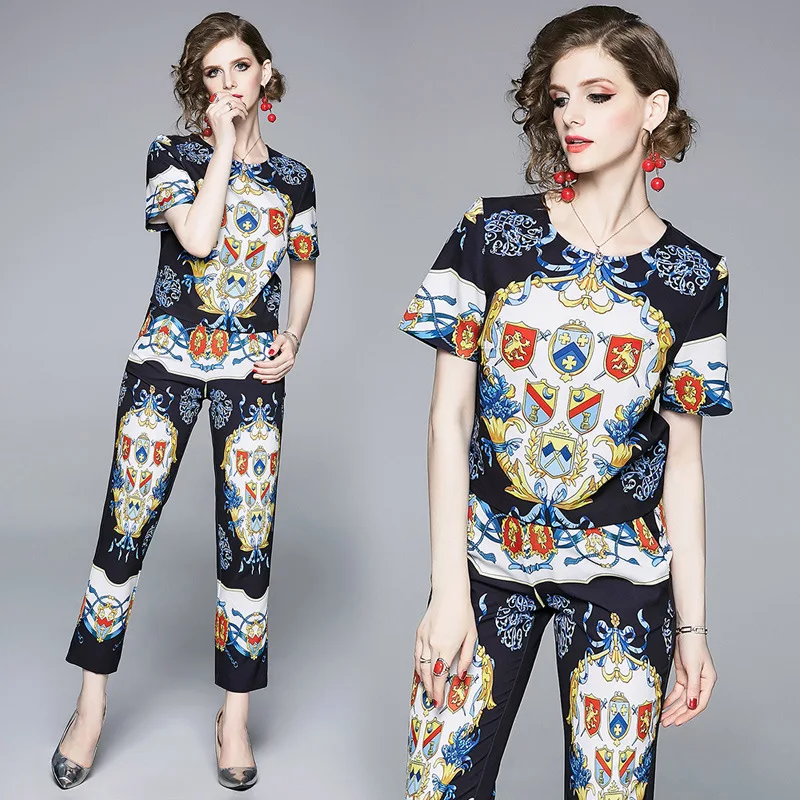 

2019 Summer New Style WOMEN'S Dress Europe And America Big Brand Retro Printing Short-sleeved T-shirt Skinny Pants-Style Set