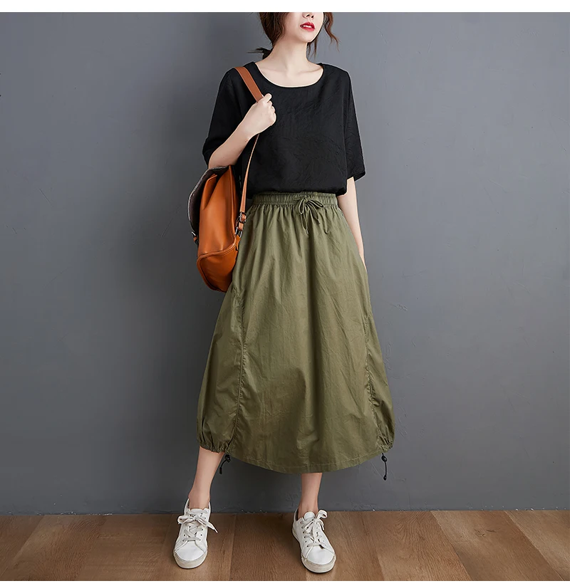 Oladivi Oversized Women Midi Skirt Fashion Ladies Summer Autumn Casual Loose Elastic Waist Drawstring Pocket Skirt Black 3XL 2XL capri jeans for women