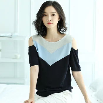 

Women's new round neck off-the-shoulder short-sleeved stitching knitted short-sleeved shirt gray