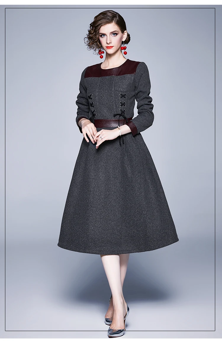 Новинка, серое шерстяное зимнее платье миди с длинным рукавом, Moda Mujer,, женское вечернее платье с длинным рукавом, Robe Femme Hiver K6575