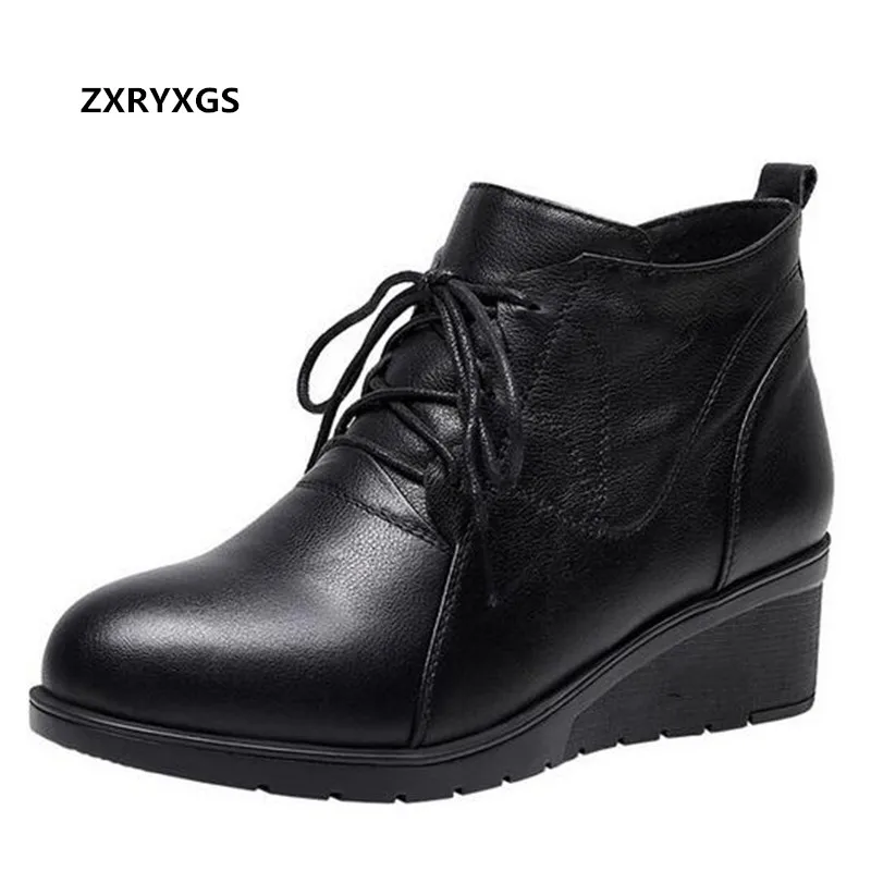 

2023 Lace-up Side Zipper High-quality Cowhide Leather Boots Winter Warm Shoes Flat Wedges Comfort Shoes Woman Warm Boots Black