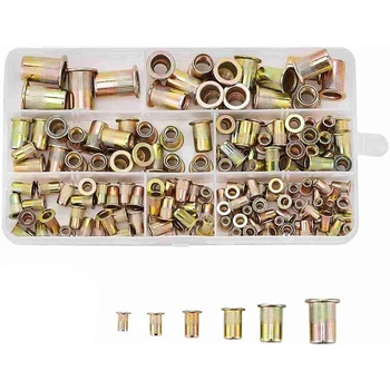 

160 PCS 6 Sizes Metric Carbon Steel Rivet Nut Kit Flat Head Threaded Insert Nuts Assortment Kit in M3 M4 M5 M6 M8 M10