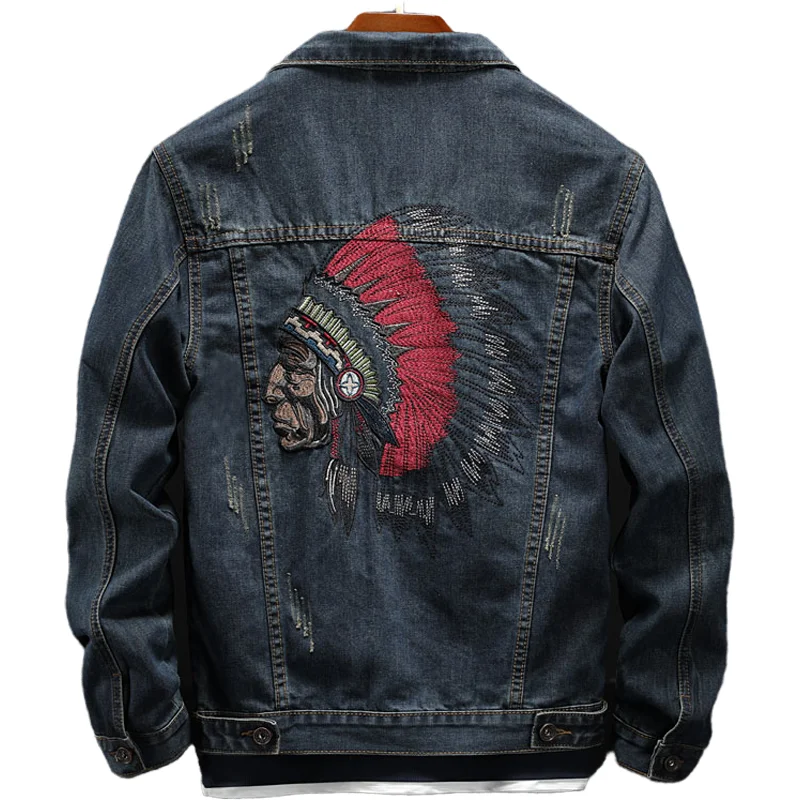 Fashion Streetwear Men Denim Jacket Retro Blue Indian Chief Embroidery Denim Outwears Male Plus Size M-6XL Hip Hop Punk Coats