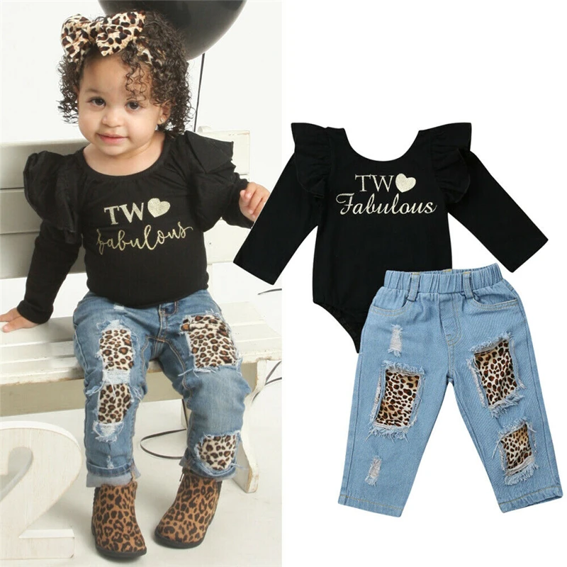Toddler Kids Clothes Girls Ruffle Black Tops Romper Denim Leopard Pants