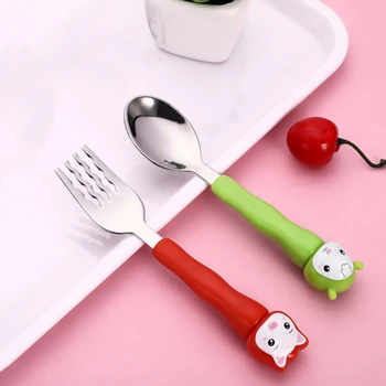 

children fork spoon Feeding dishes Tableware set portable panda pig sheep stainless steel fork spoon baby feeding tableware