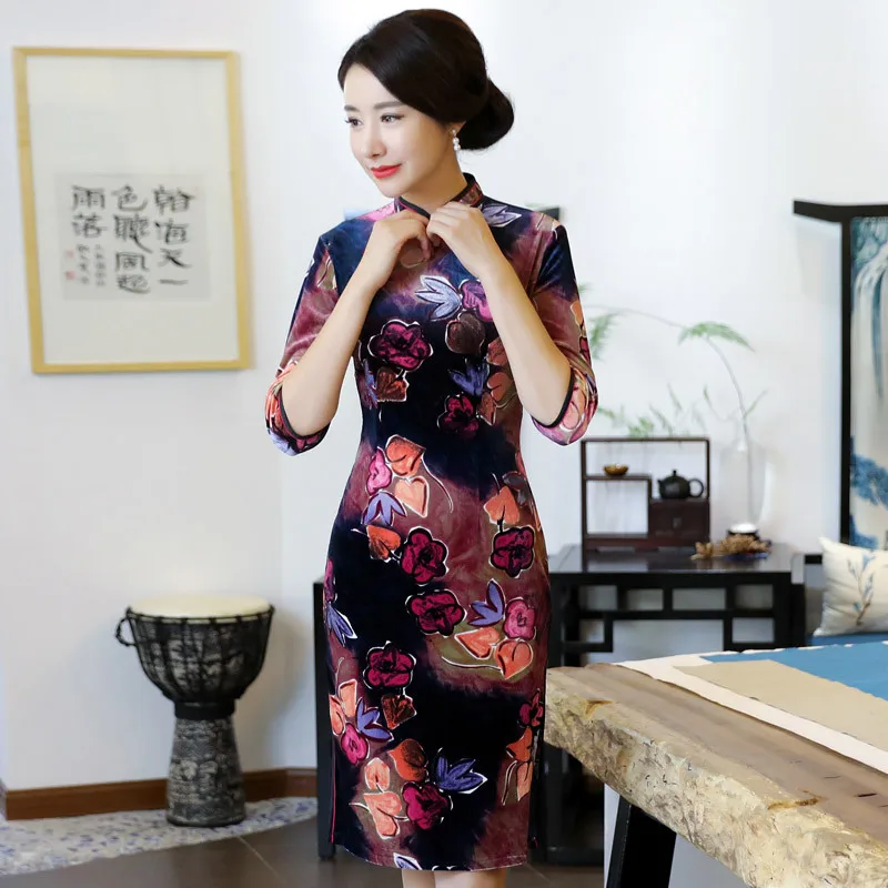 

Gold Velvet Cheongsam Autumn 2018 New Style Women's Dignified Glorious Improved Retro Elasticity Slimming Dress Mid-length