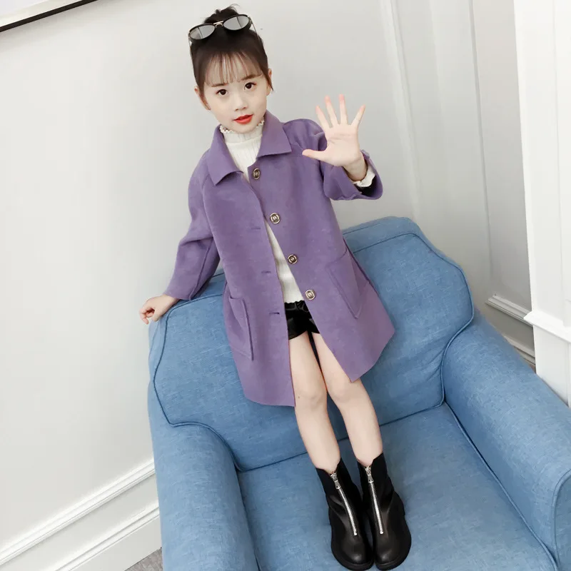 

Childrenswear Girls Woolen Coat Mid-length Big Boy Double-Sided Woolen Cloth Tops Double Breasted Girls Woolen Jacket