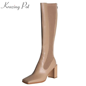

Krazing Pot genuine leather square toe thick high heels stretch fabric riding boots handmade gladiator zip thigh high boots L43