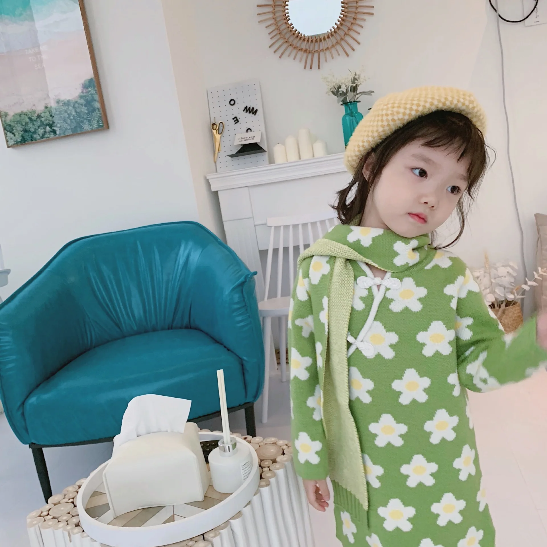Tonytaoaby/новая зимняя детская одежда для девочек; элегантное вязаное китайское платье Ципао с цветочным узором для девочек; Детские платья для девочек