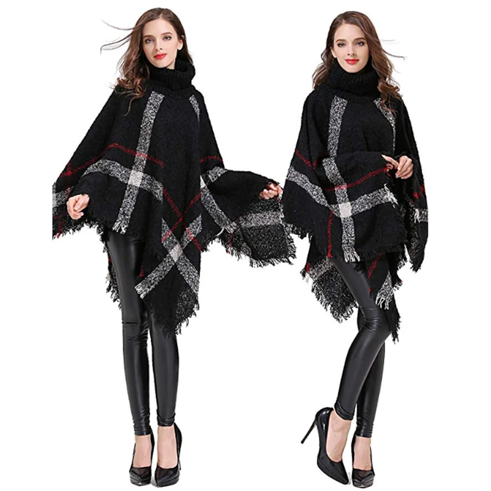 Женская теплая шаль для спорта на открытом воздухе, Boho, свободное пончо в клетку с кисточками, джемпер с высоким воротом, вязаный пуловер большого размера, свитер, топы